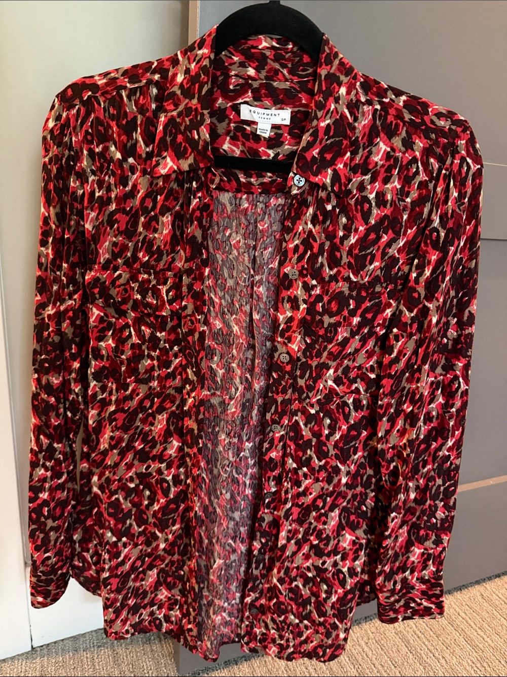 Equipment Red and Black Leopard-Print Button-Down Shirt